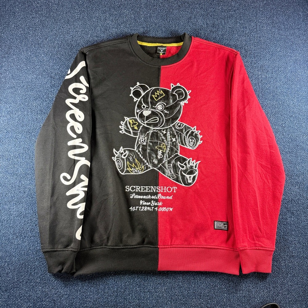 Screenshot Brand Mens Bear Graphic Split Red Black Sweatshirt Medium Streetwear